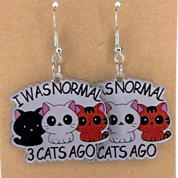 “I Was Normal 3 Cats Ago” Dangle Earrings 2D Acrylic Cartoon - Picture 1 of 2